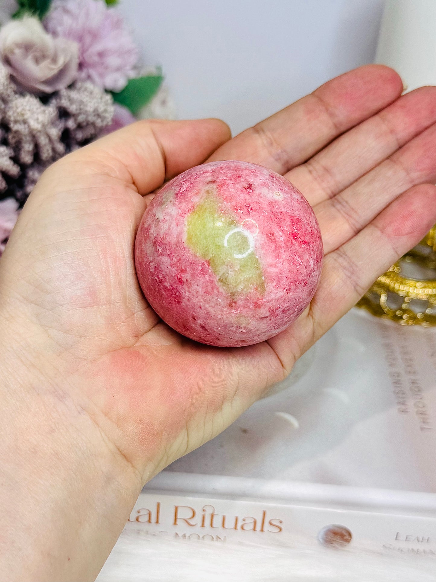 Thulite Sphere with Epidote 205g On Stand