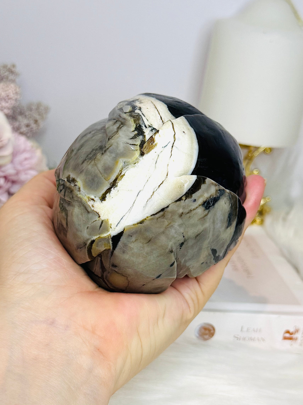 Large Volcano Agate (UV Reactive) Carved Flower 386g