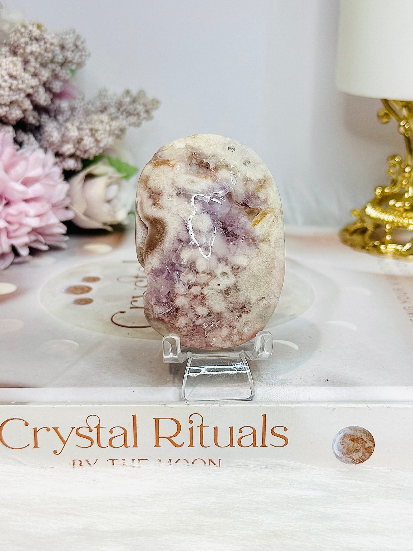 Pink Amethyst Druzy Palm Stone (stand is display only)