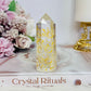 Beautiful Clear Quartz Chunky Tower with Engraved Gold Moon & Stars 8.5cm