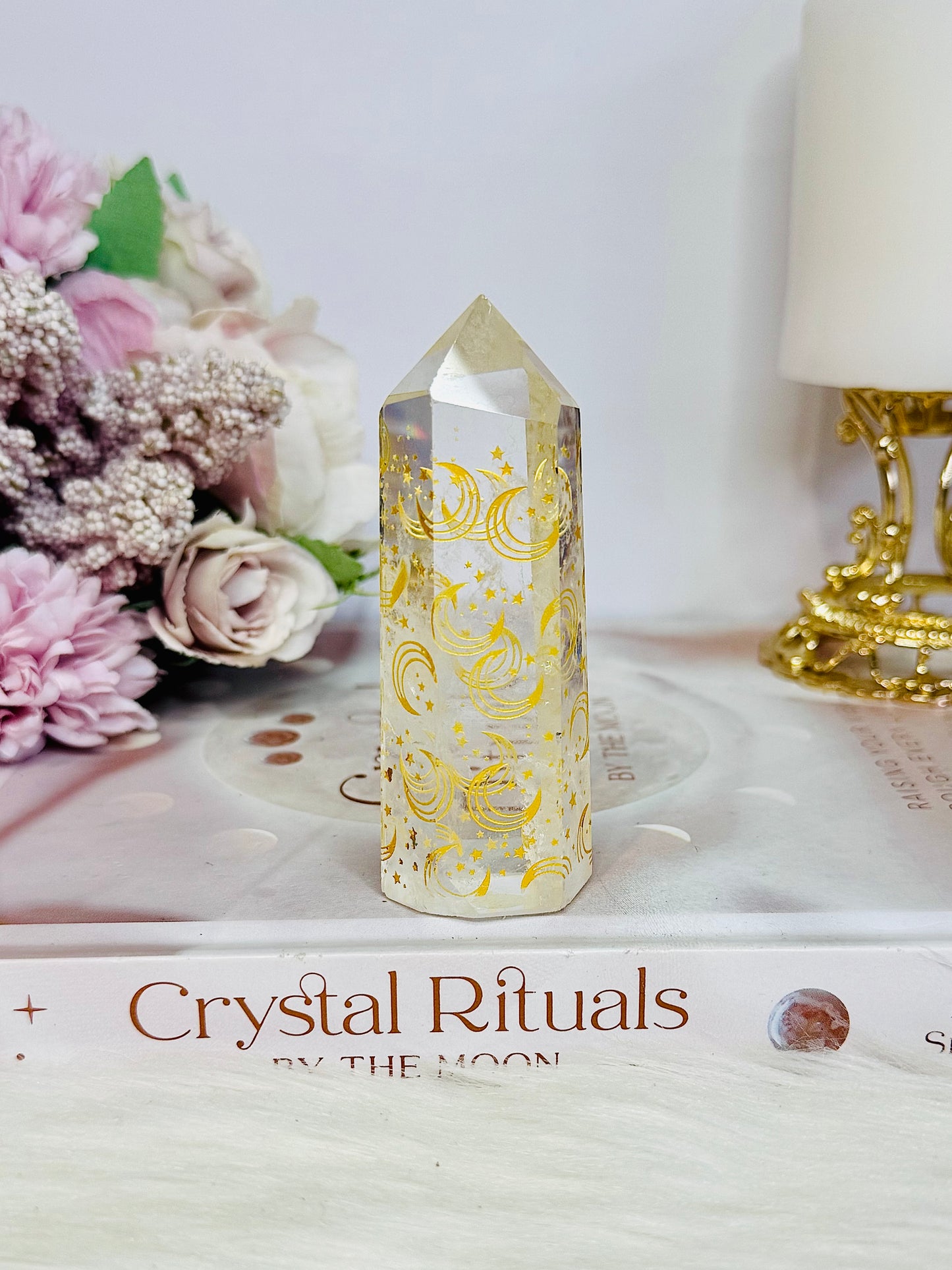 Beautiful Clear Quartz Chunky Tower with Engraved Gold Moon & Stars 8.5cm