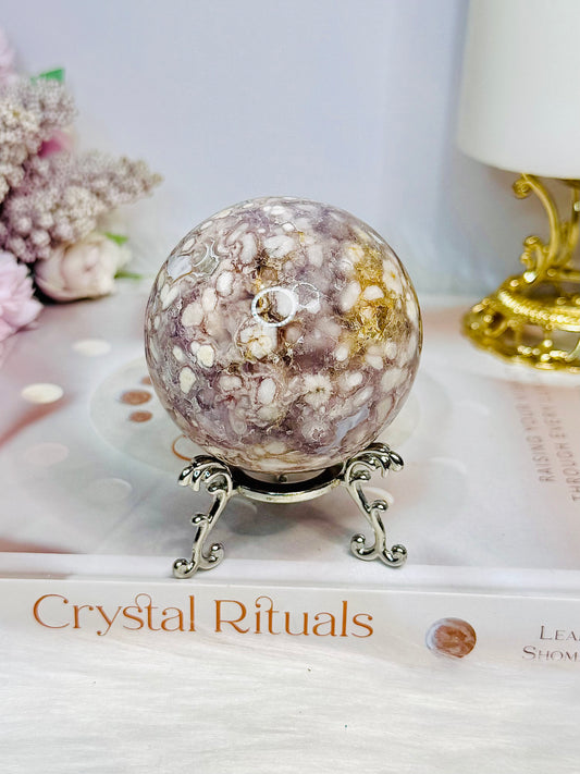 Flower Agate X Pink Amethyst Sphere on Stand 305g