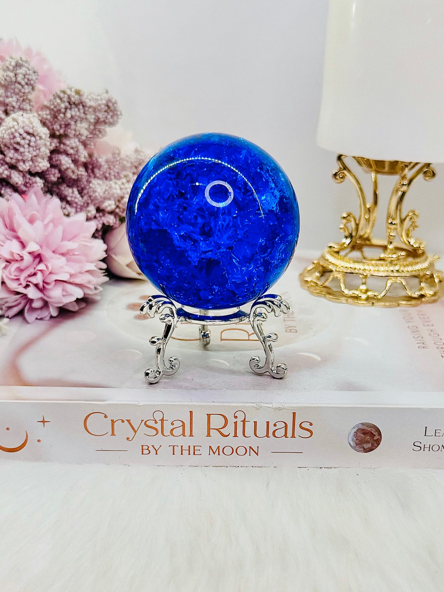 Bright Blue (Dyed) Fire & Ice | Crackle Quartz Sphere on Stand 278grams