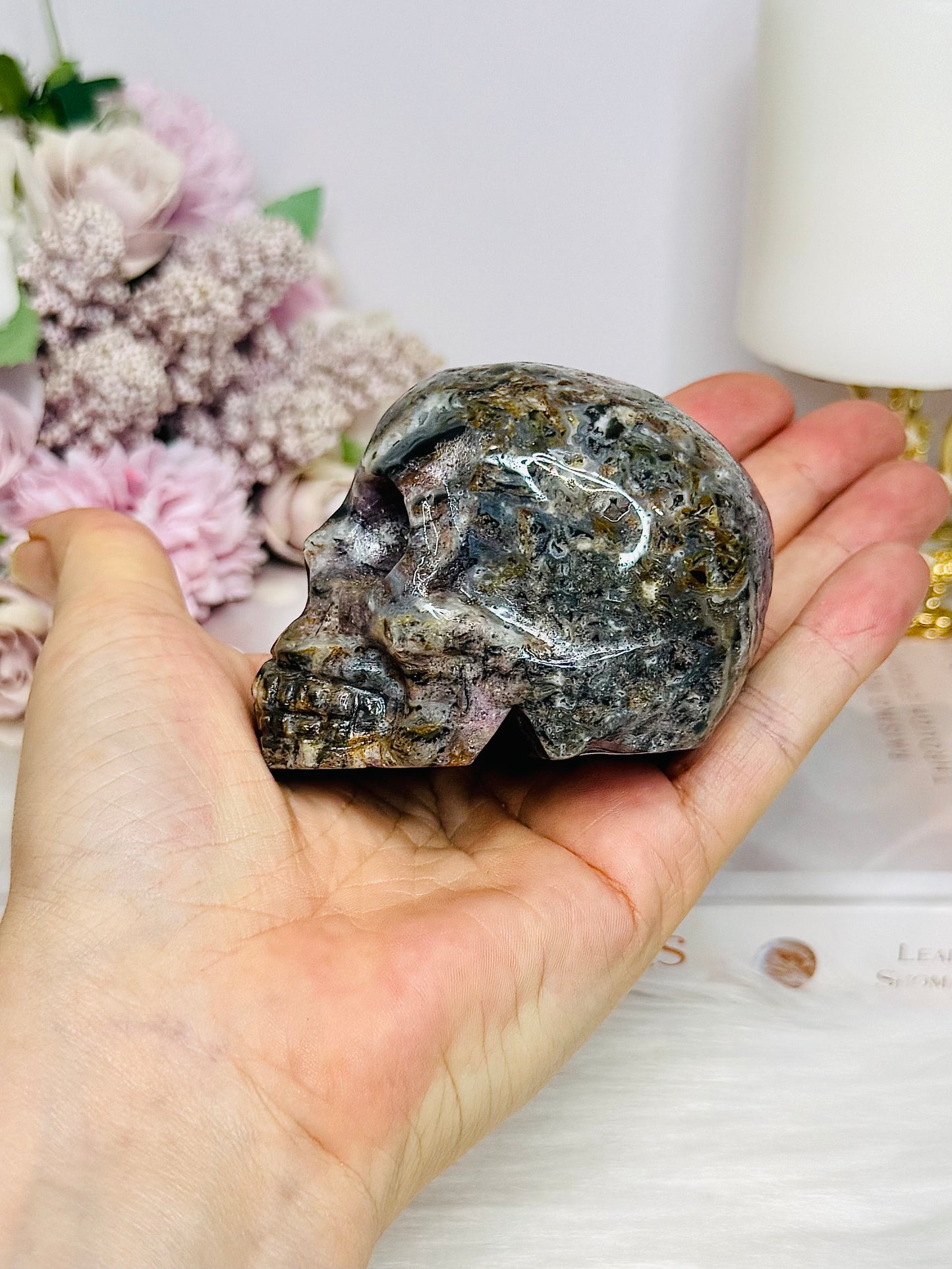 Root Fluorite Carved Skull 8cm 323g