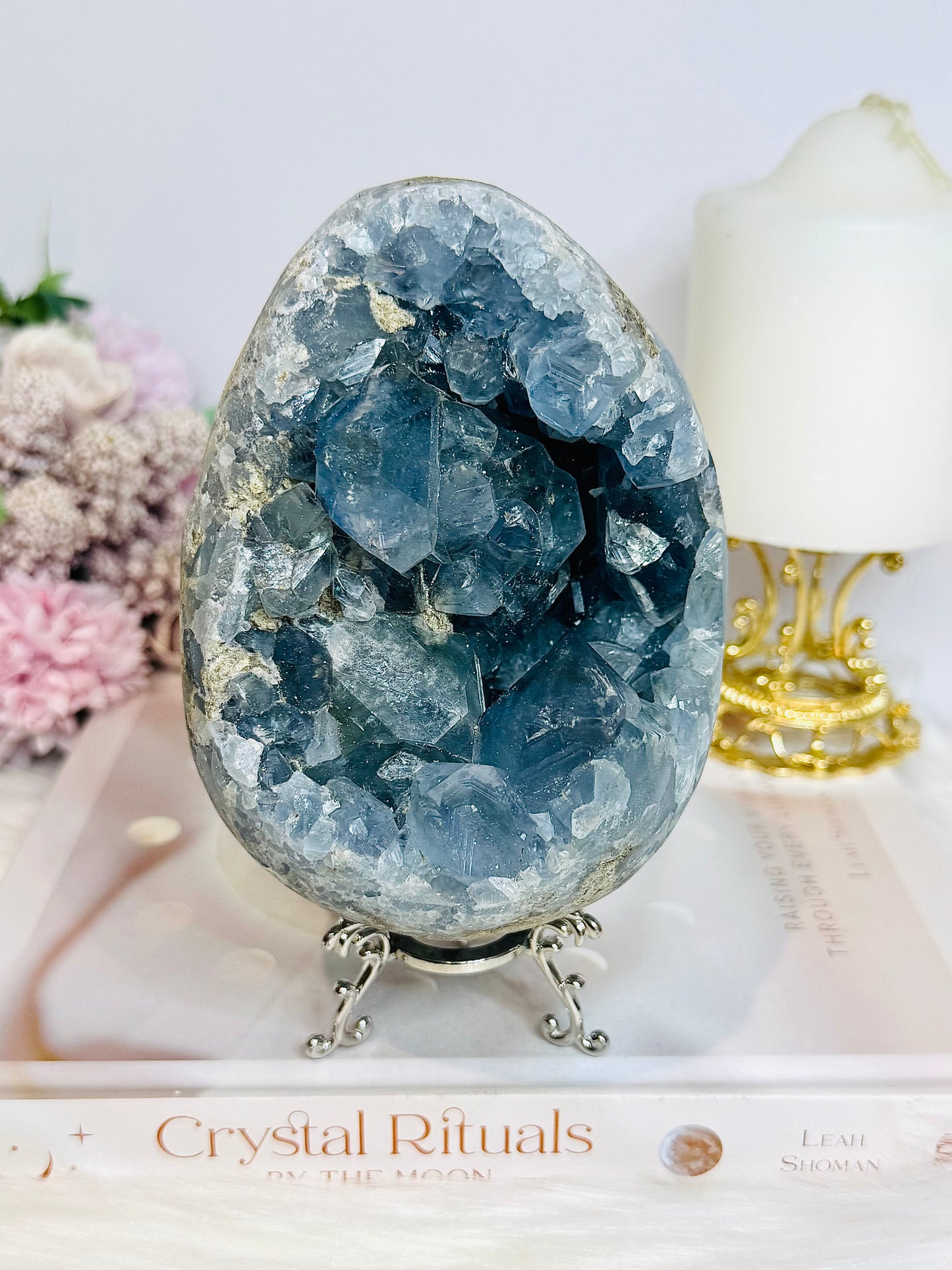 Huge Deep Blue Celestite Cluster Egg On Stand 1.8KG