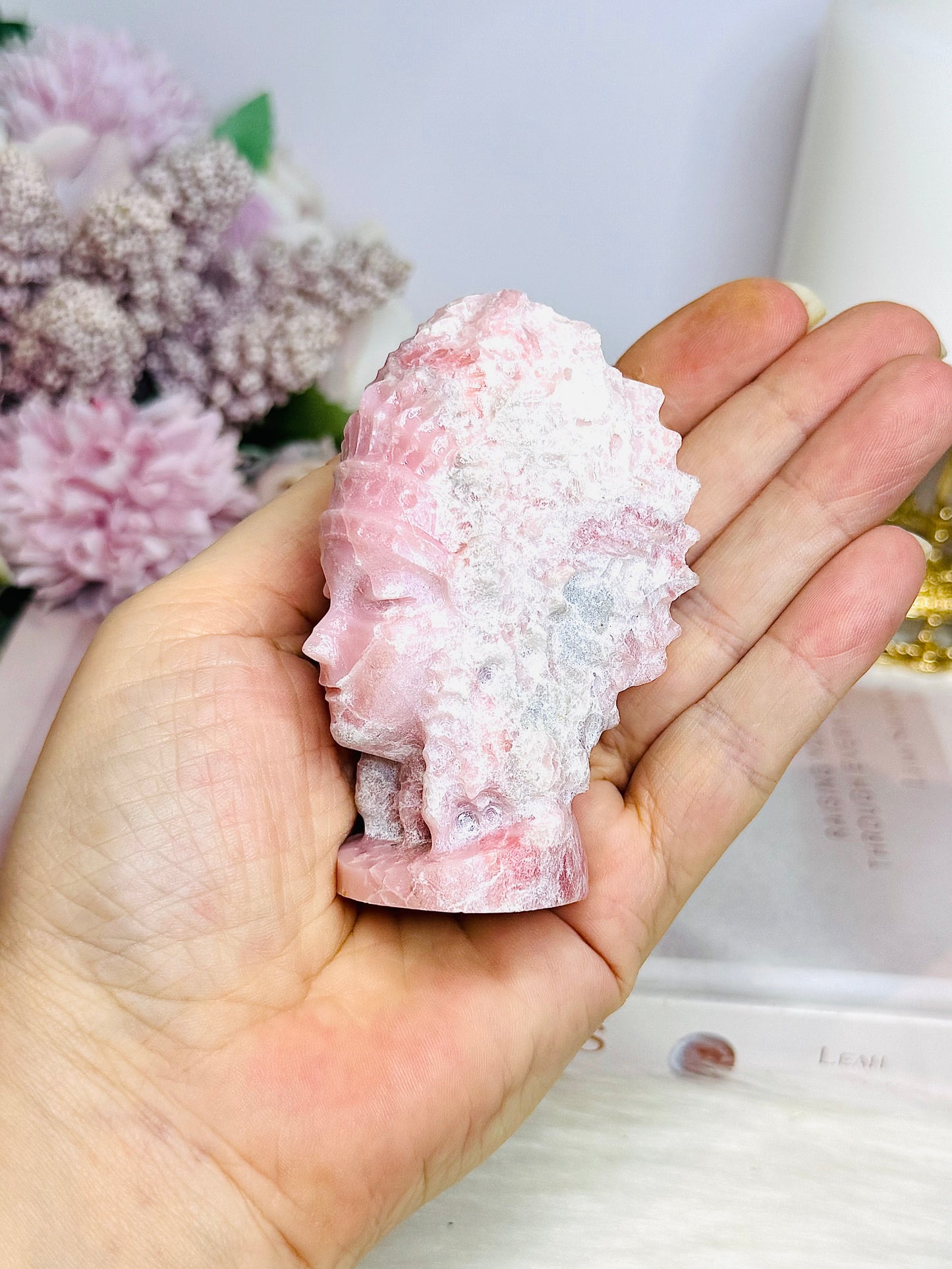 Pink Opal Carved Indian Head 8cm