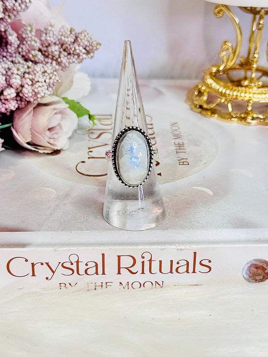 Adjustable Large Moonstone Ring With Beautiful Blue Flash In Gift Bag