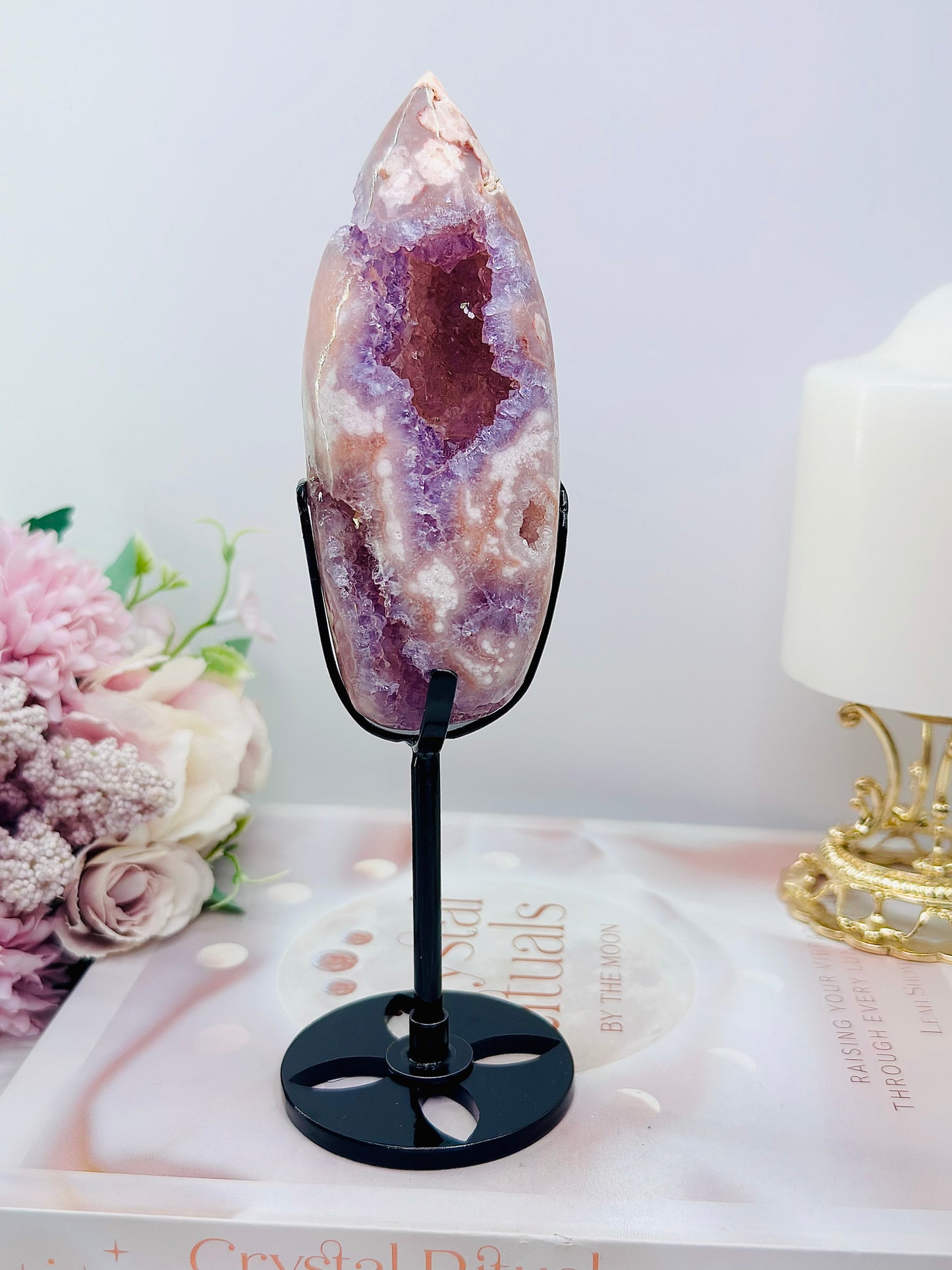 High Grade Rare 19.5cm Druzy Pink Amethyst X Flower Agate Egg on Stand