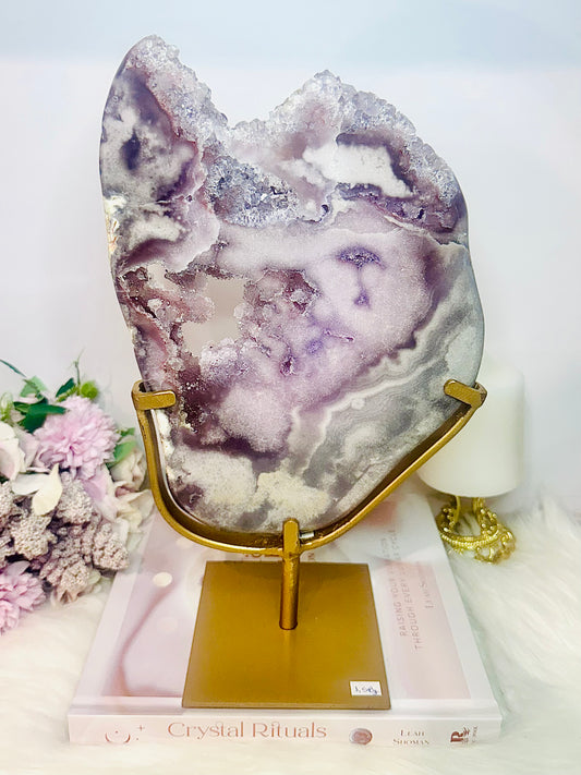 The Most Incredible High Grade Druzy Pink Amethyst Natural Slab On Gold Stand 1.56KG 30cm