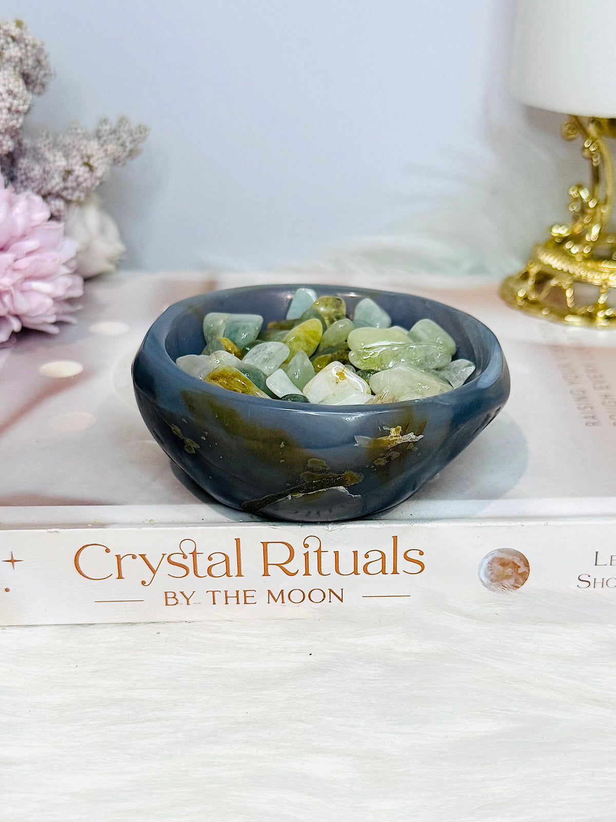 Agate Carved Bowl with Blue Calcite Chips 338g