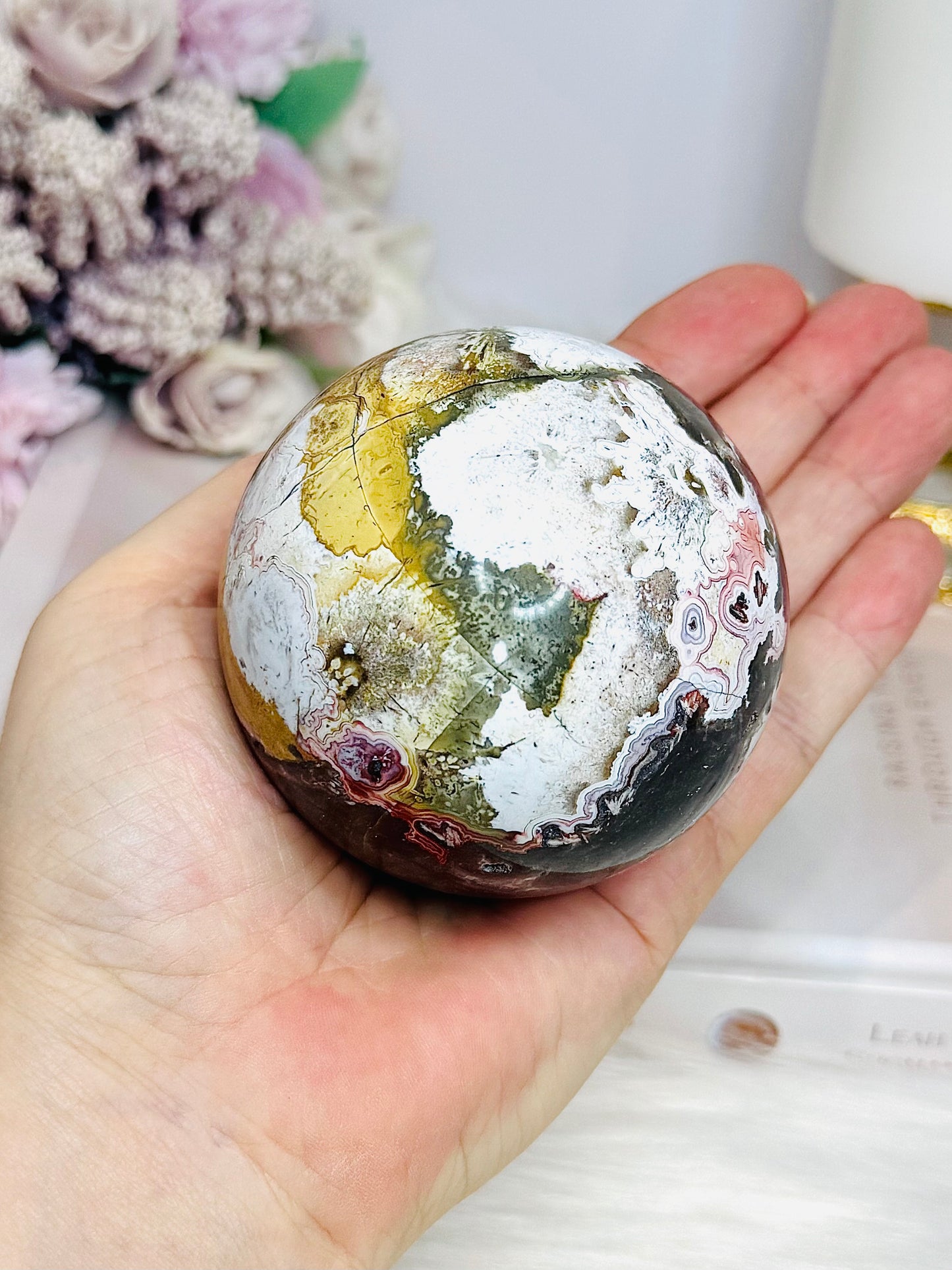 Large Mexican Crazy Lace Agate Druzy Sphere on Stand 449g