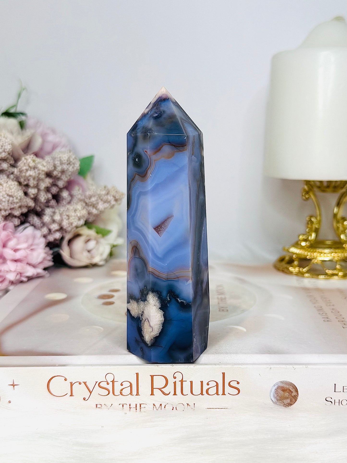 High Grade Blue Flower Agate Druzy Tower 11cm