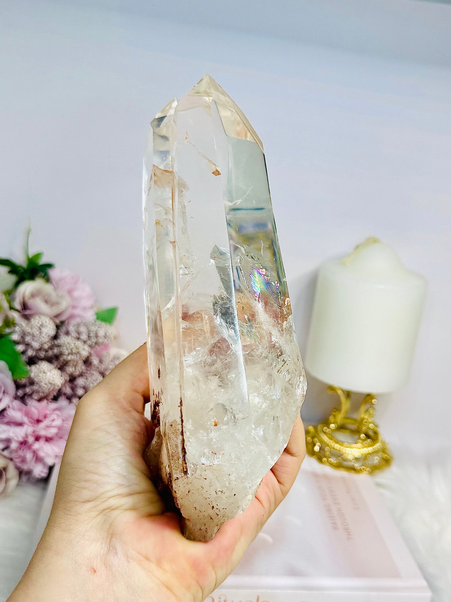 High Grade Clear Quartz Twin | Double Tower with Rainbows on Stand 18.5cm 961g