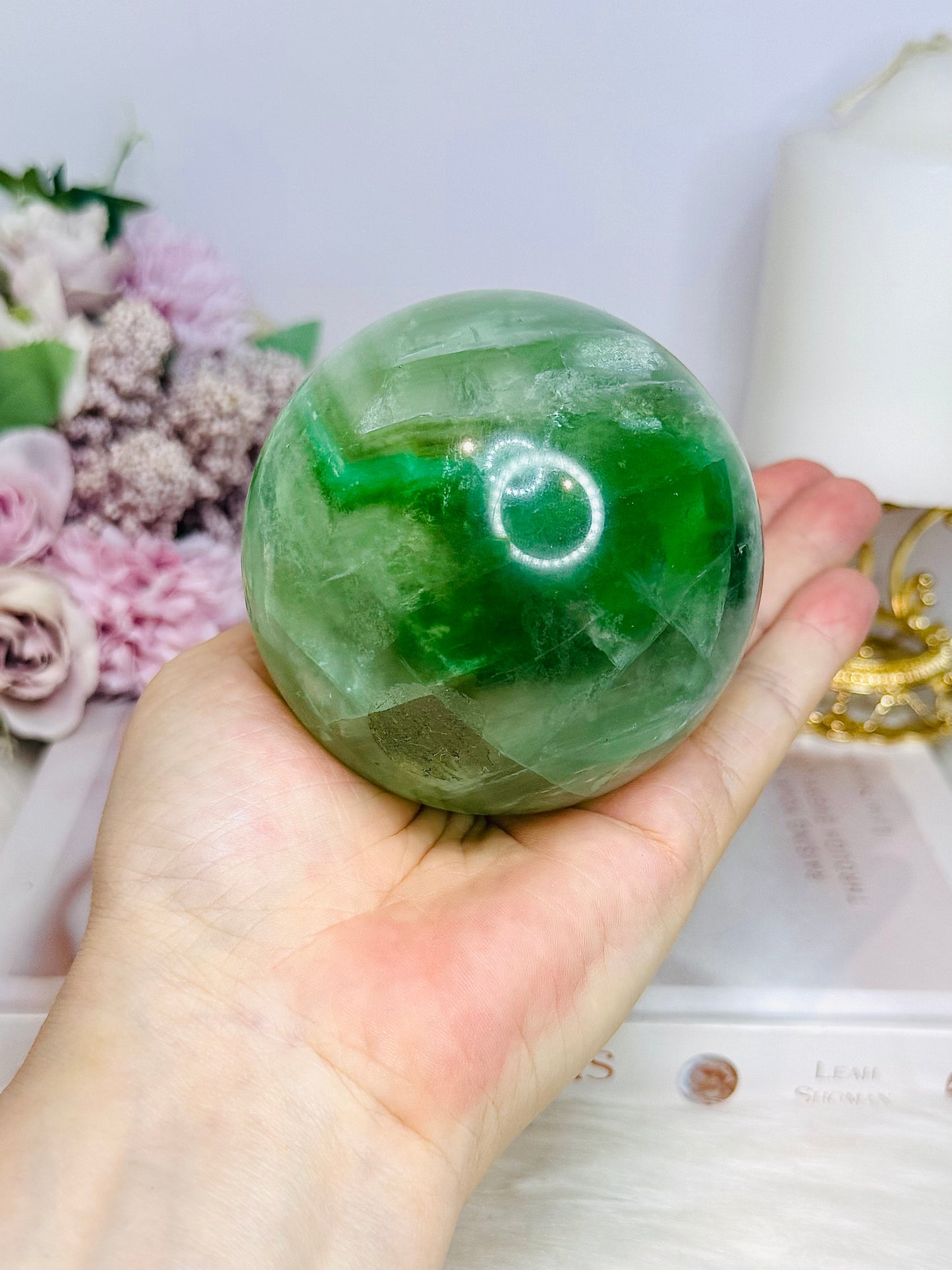 Large Green Fluorite Sphere Full of Rainbows 777g
