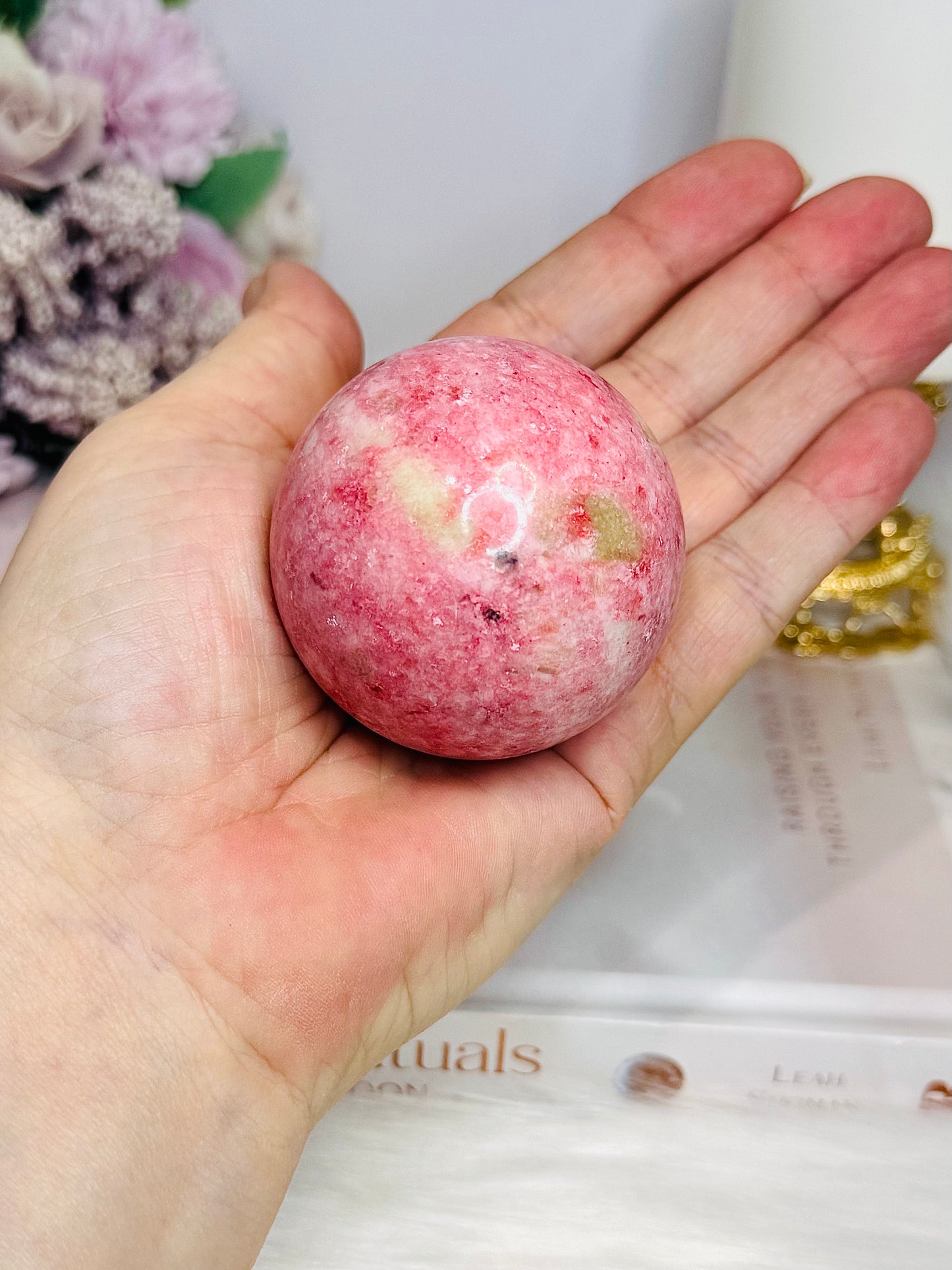 Thulite Sphere with Epidote 205g On Stand
