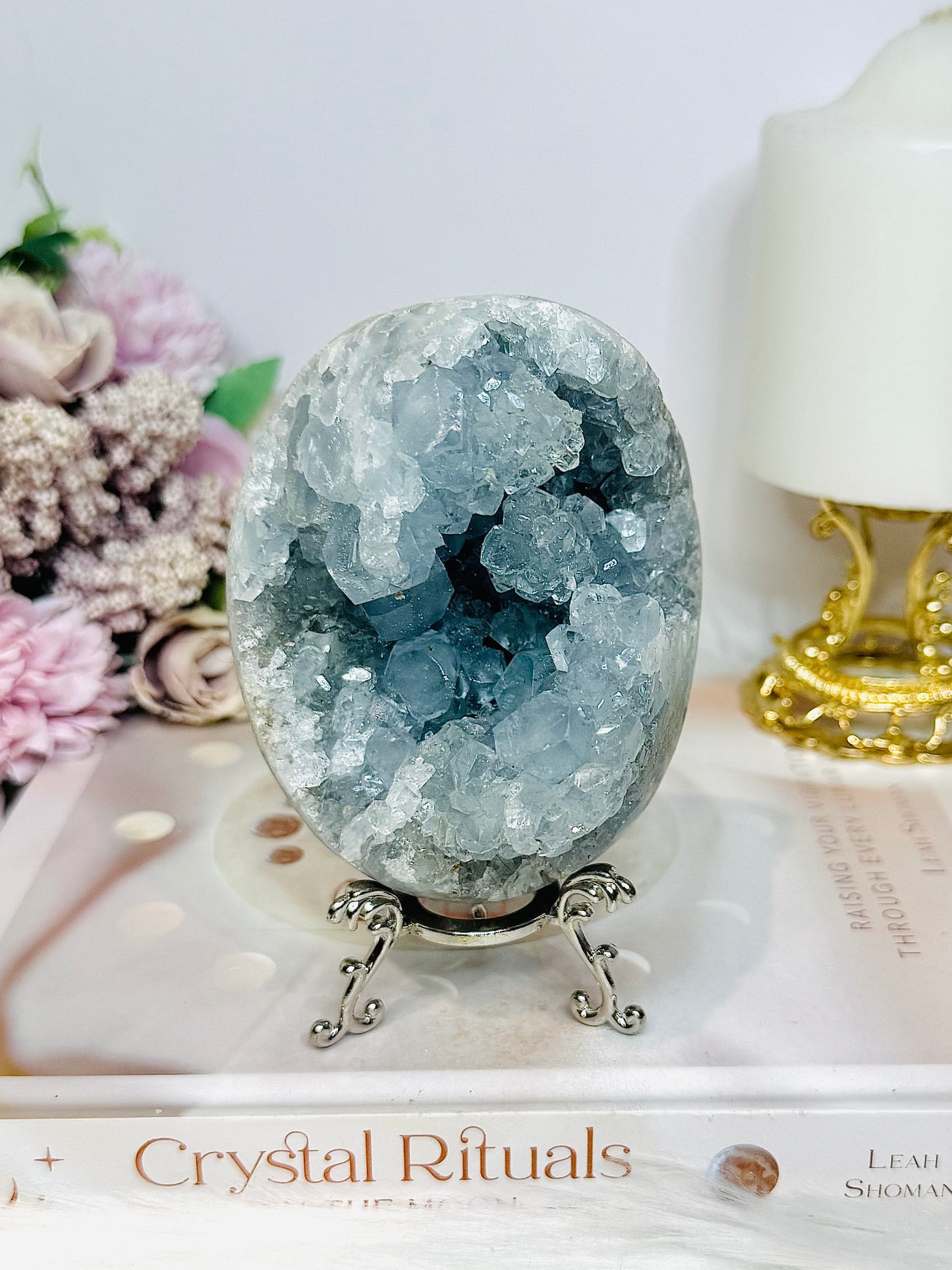 Blue Celestite Large Freeform Egg on Stand 9.5cm 720g