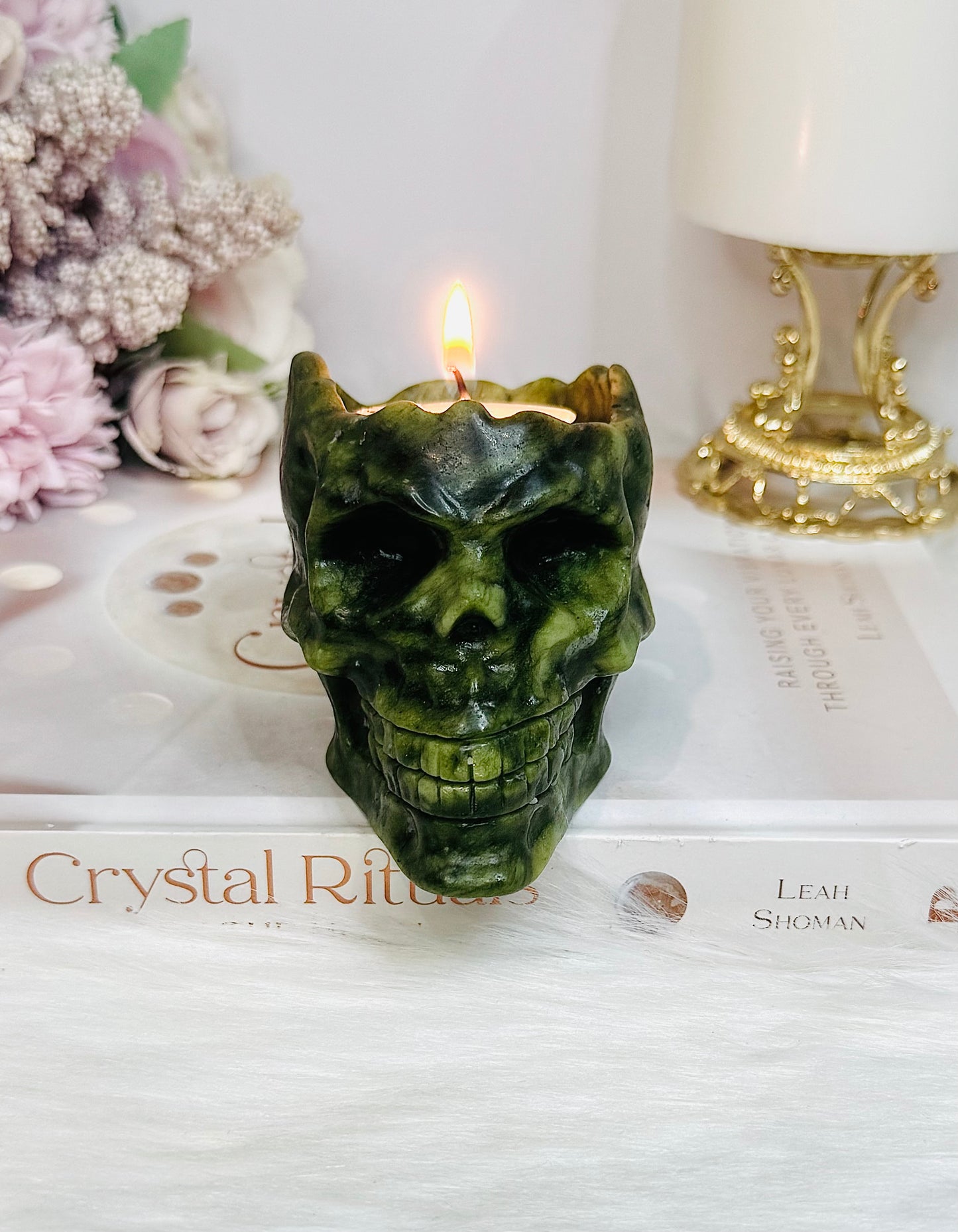 Green Jade Candle Holder Skull 391g