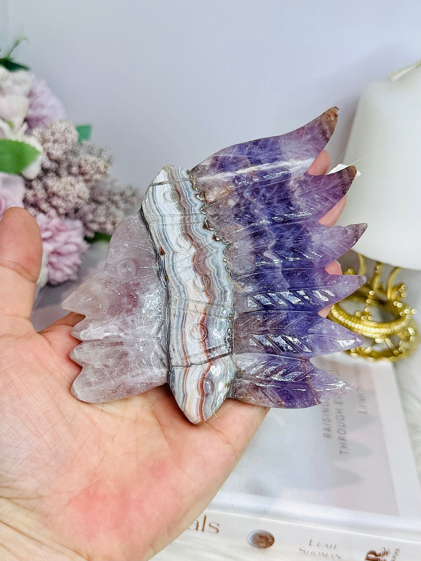 Agate X Amethyst Carved Indian Head on Stand 16.5cm