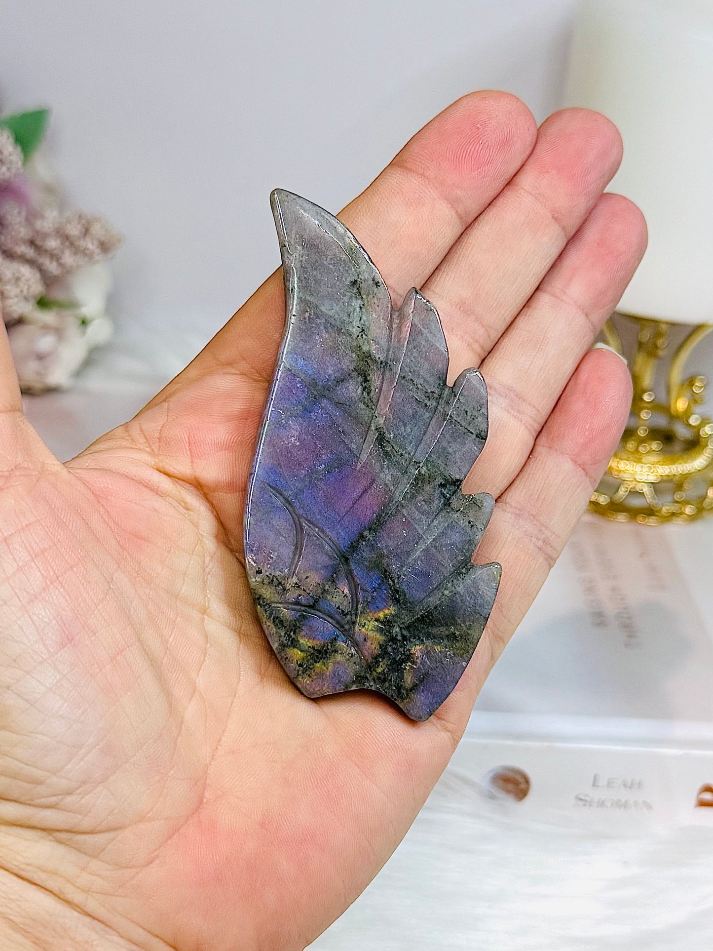 Purple Labradorite Heart with Wings ~ Each piece is full of flash 18cm