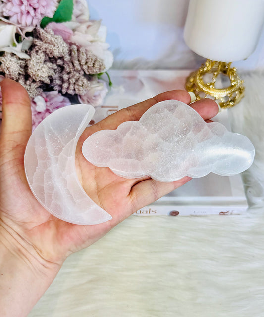 Selenite Carved Moon & Cloud Set