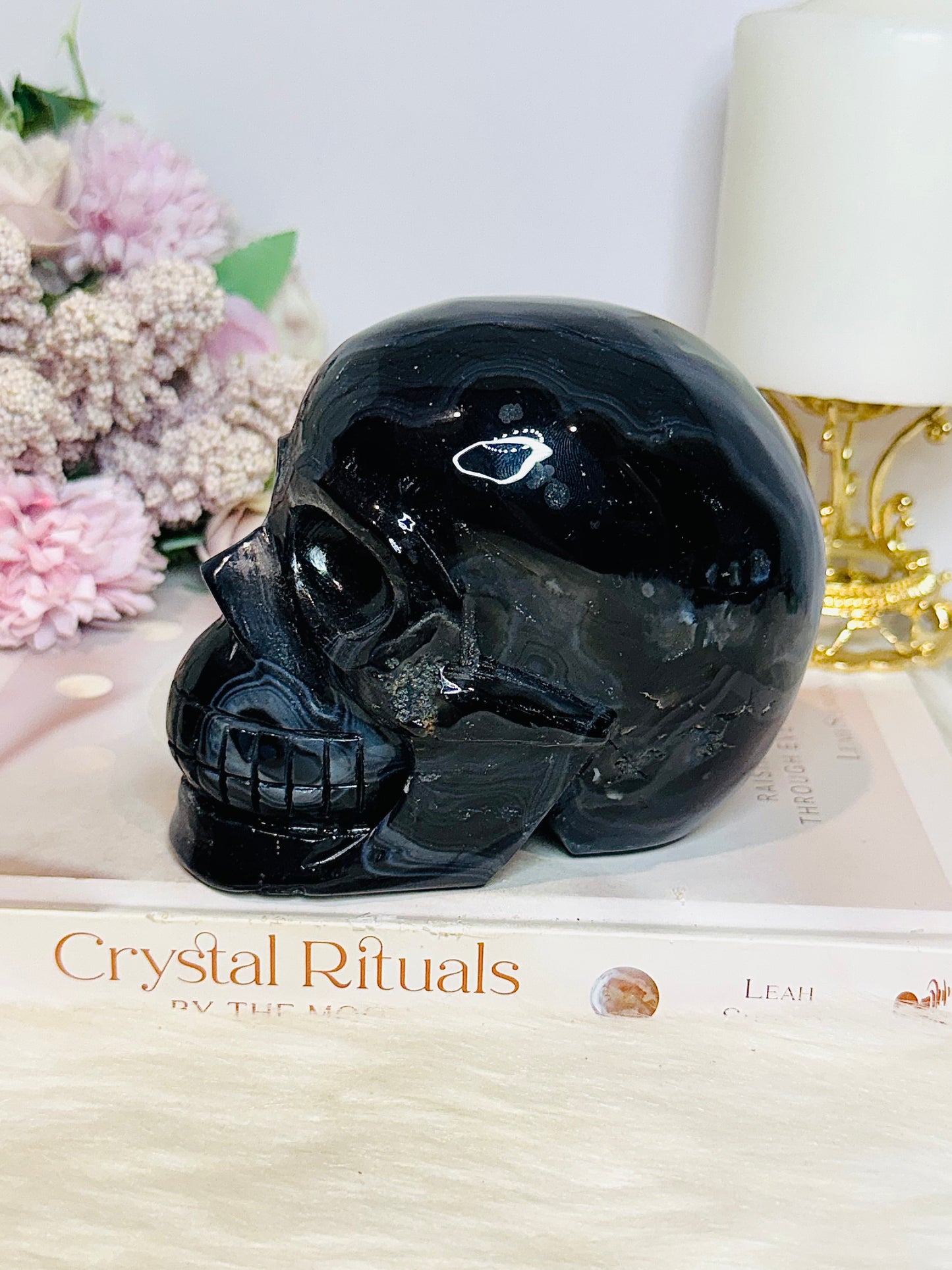 Huge Black Agate Carved Skull 11.5cm 1.24KG