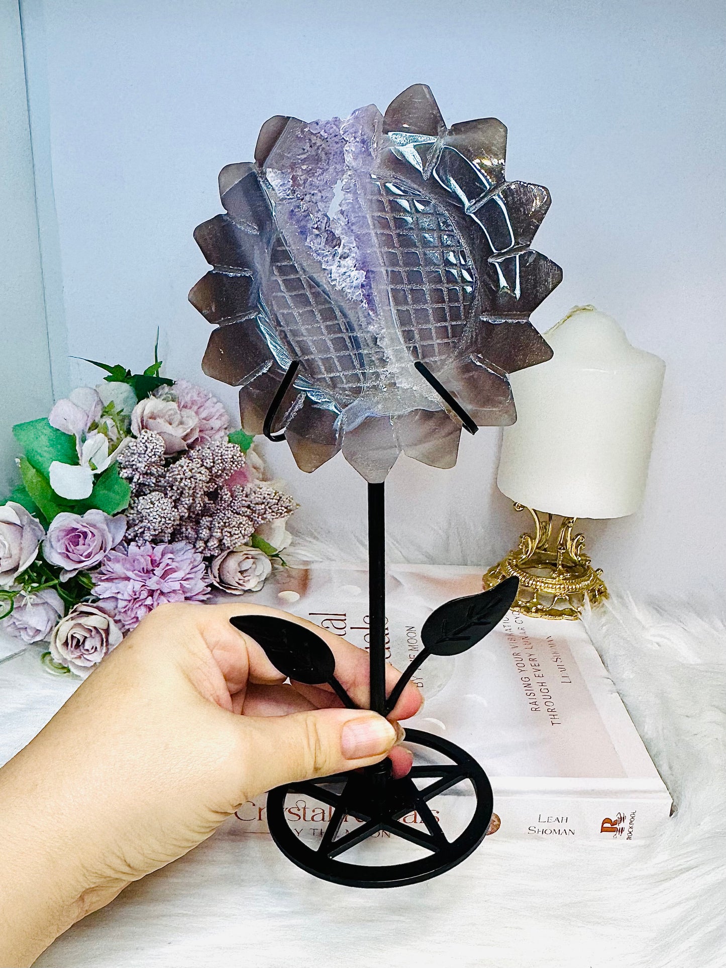 Large Druzy Amethyst X Agate Sun Flower Carving on Stand 23cm