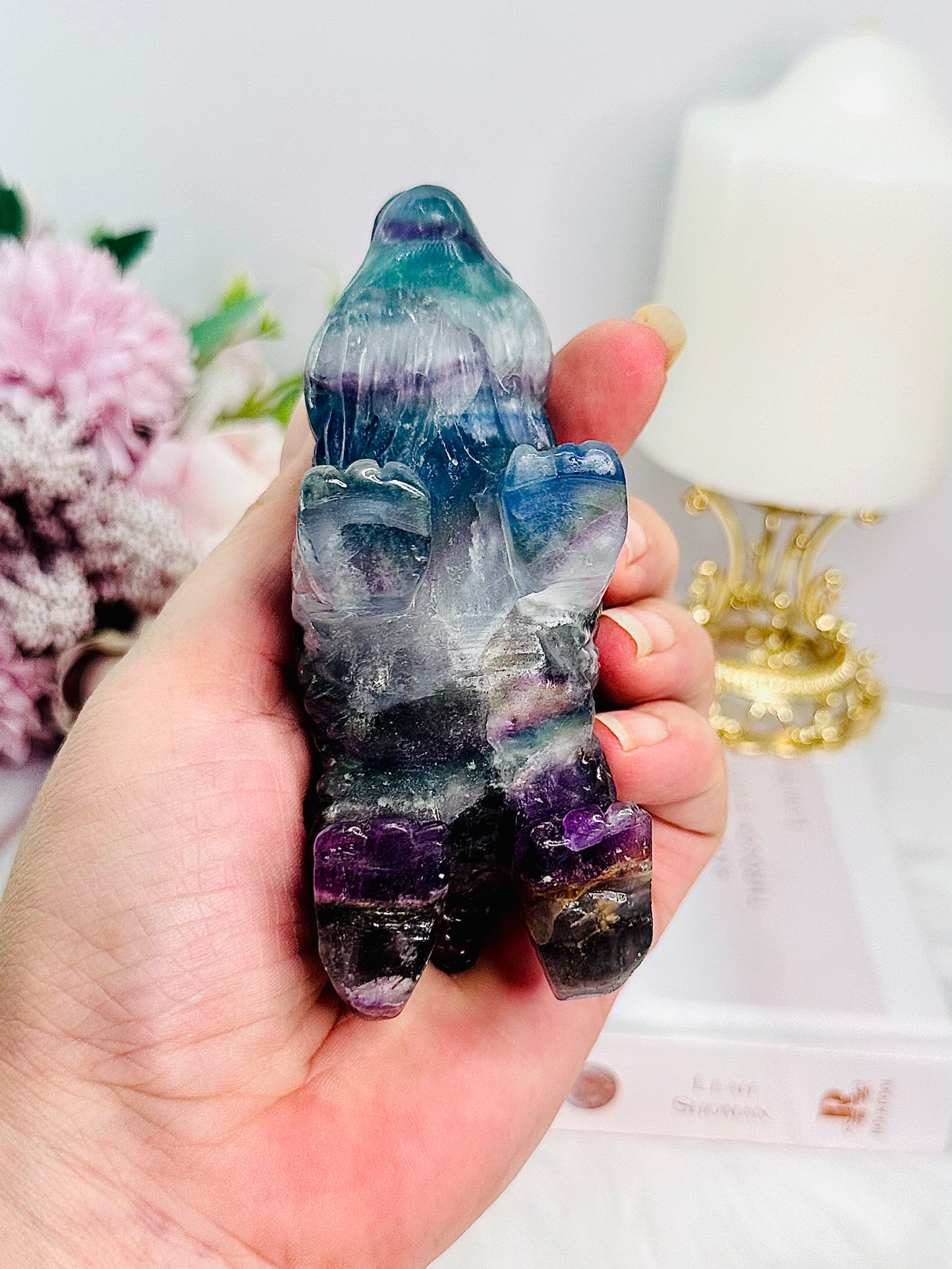 Beautiful Carved Rainbow Fluorite Bear 368grams