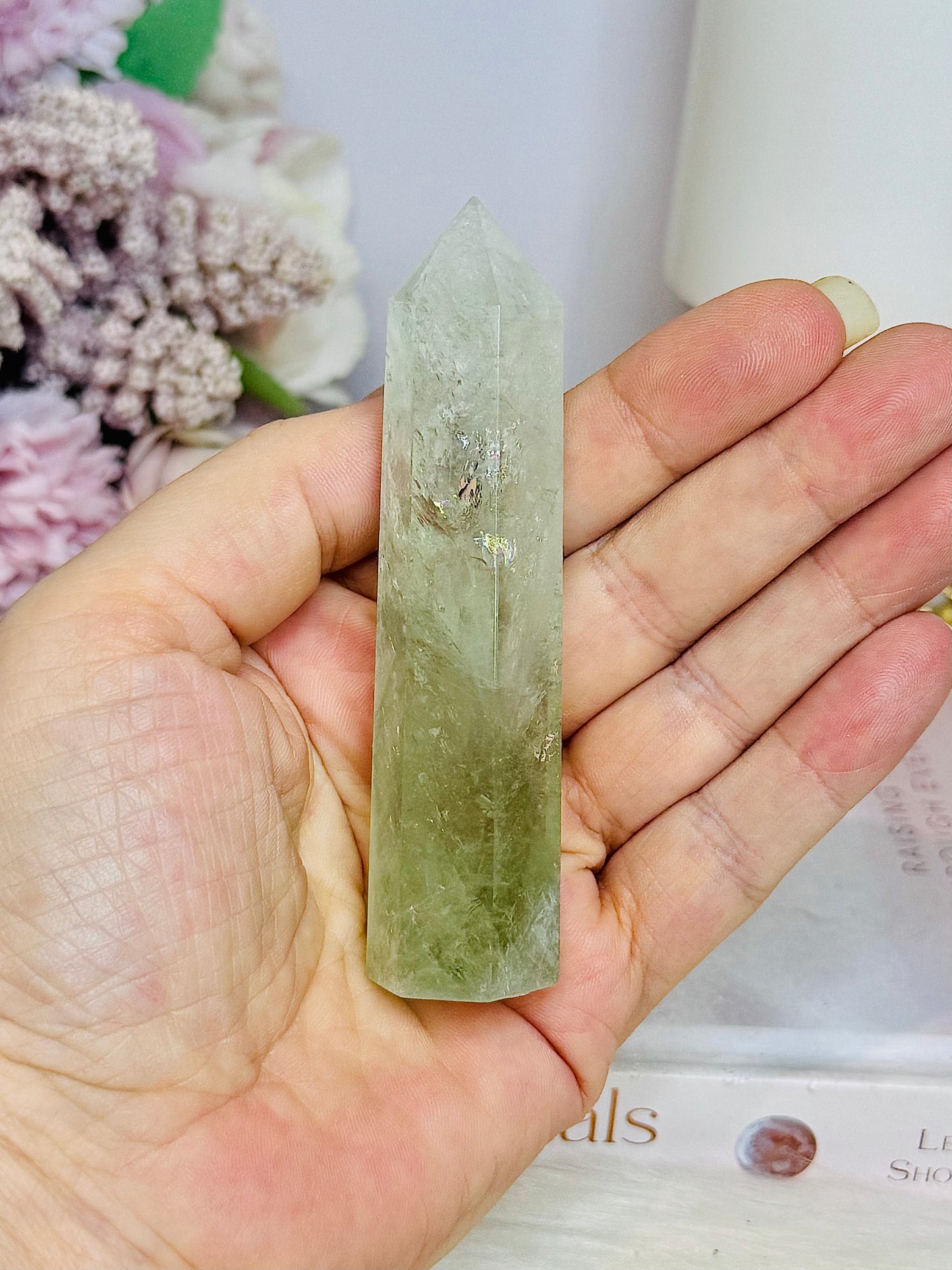 Natural Prasiolite | Green Amethyst Tower 9.5cm with Rainbows