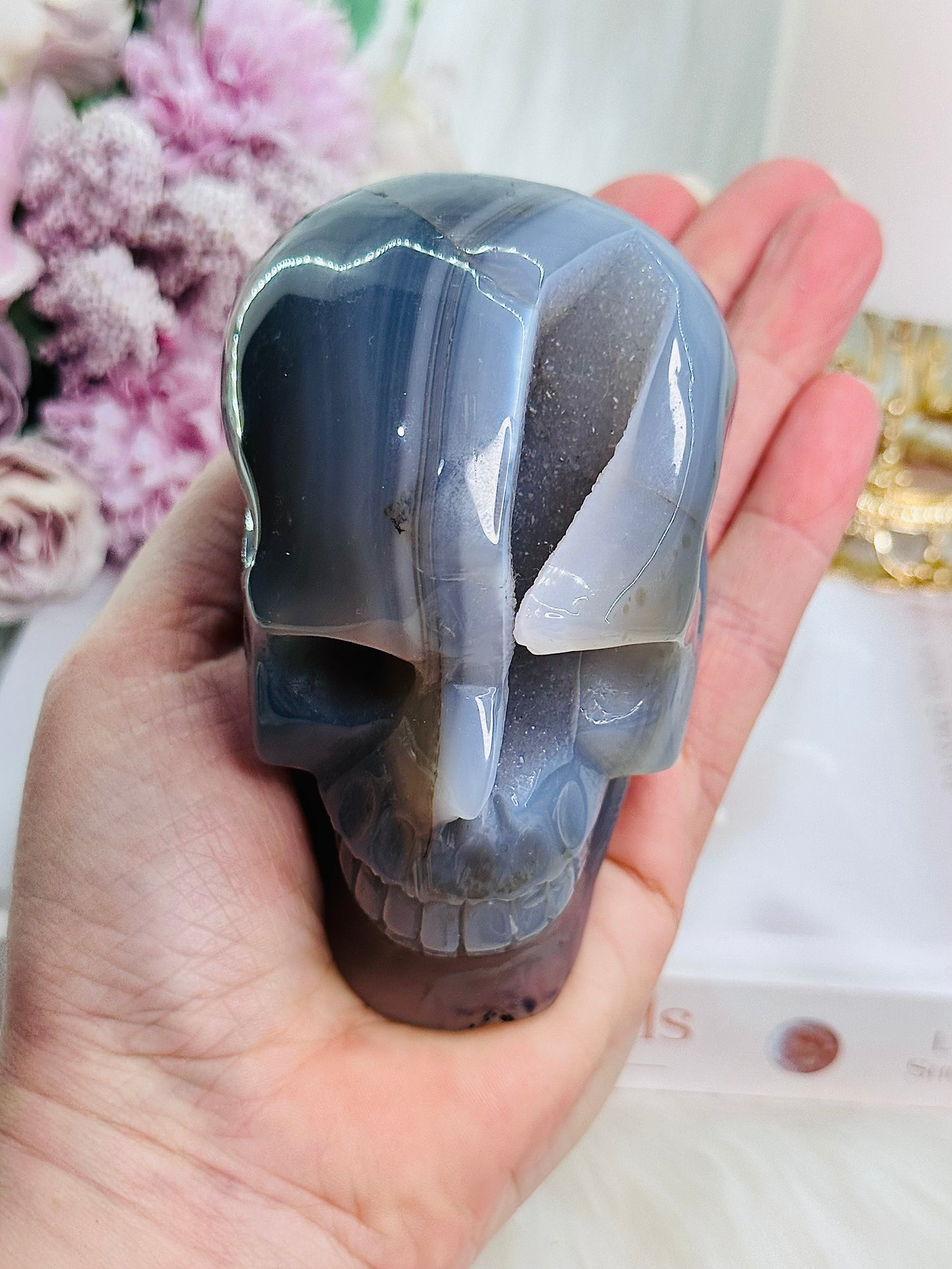 Incredible Absolutely Gorgeous Perfectly Carved Large Druzy Agate Skull 525grams ~ A Truly Stunning Piece