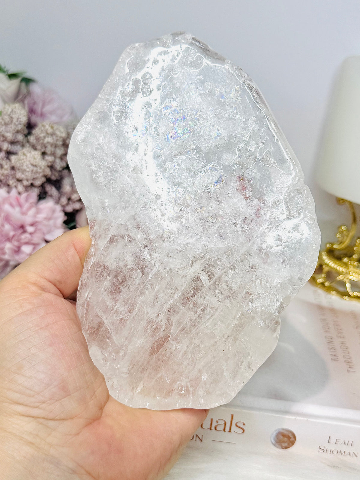 Large Clear Quartz Slab with Rainbows On Stand 14.5cm 358g