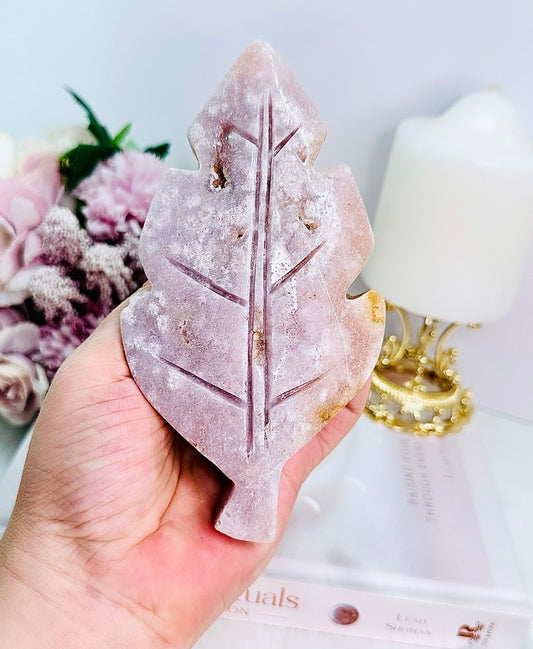 Absolutely Gorgeous Pink Amethyst Druzy Carved Chunky Leaf From Brazil 15cm