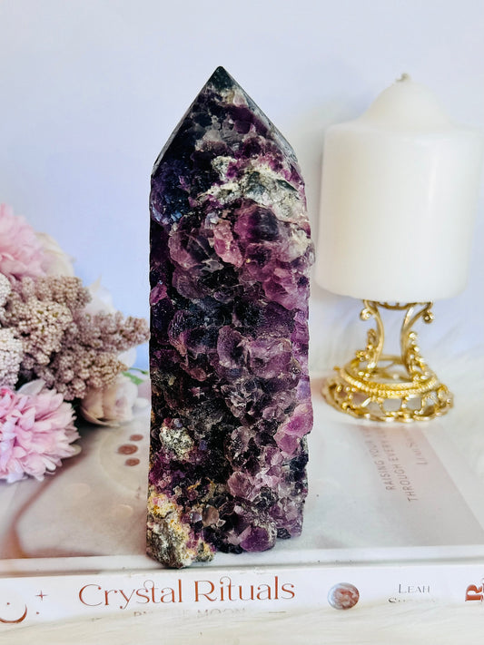 Absolutely Incredible Large Chunky 17cm Natural Druzy Purple Root Fluorite Tower