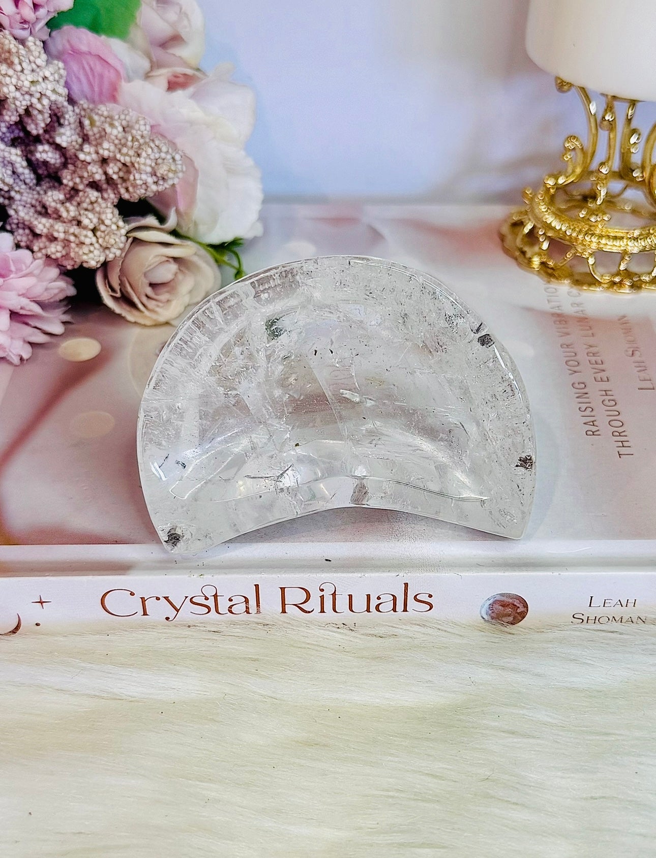 High Grade Clear Quartz Chunky Moon Bowl with Rainbows 9cm