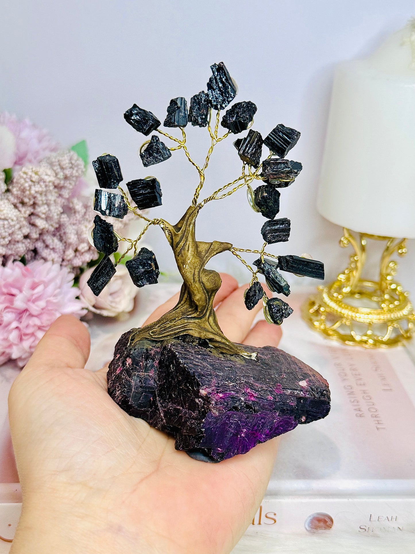 Black Tourmaline Tree of Natural Purpurite Base 12cm