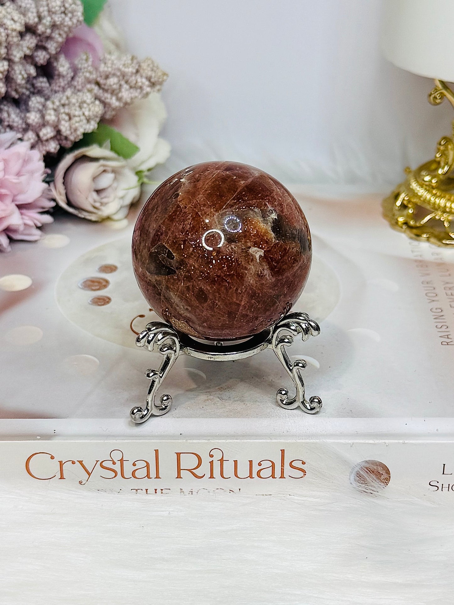 High Grade Sparkling Gold Sunstone X Moonstone Sphere on Stand 161g