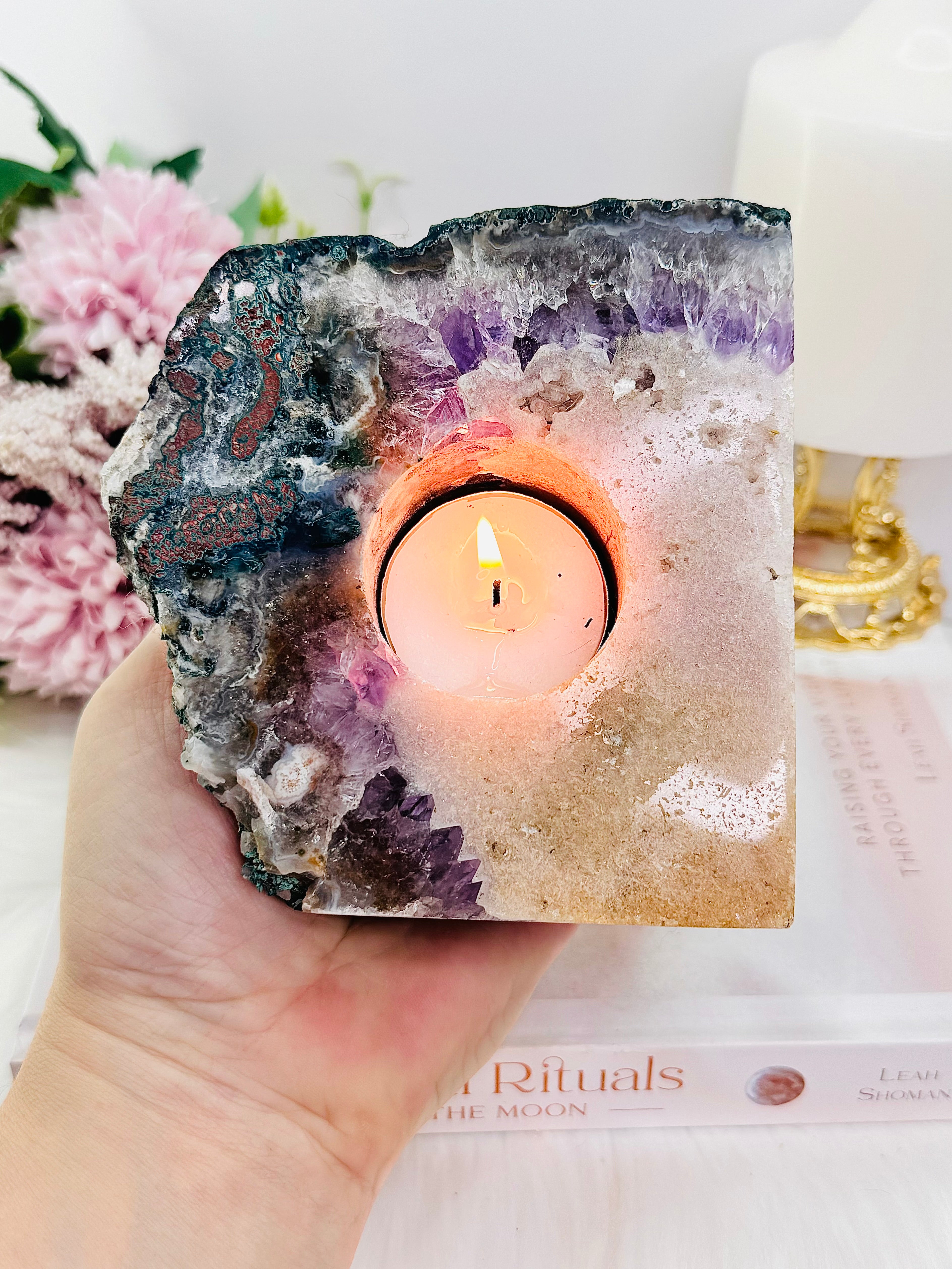 Pink Amethyst, candler holder, outlets pink amethyst slab, rare, crystal candle holder, gift for her