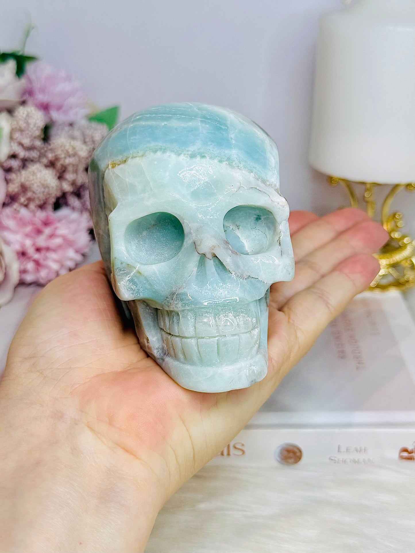 Caribbean Calcite Carved Large Skull 9cm 674g