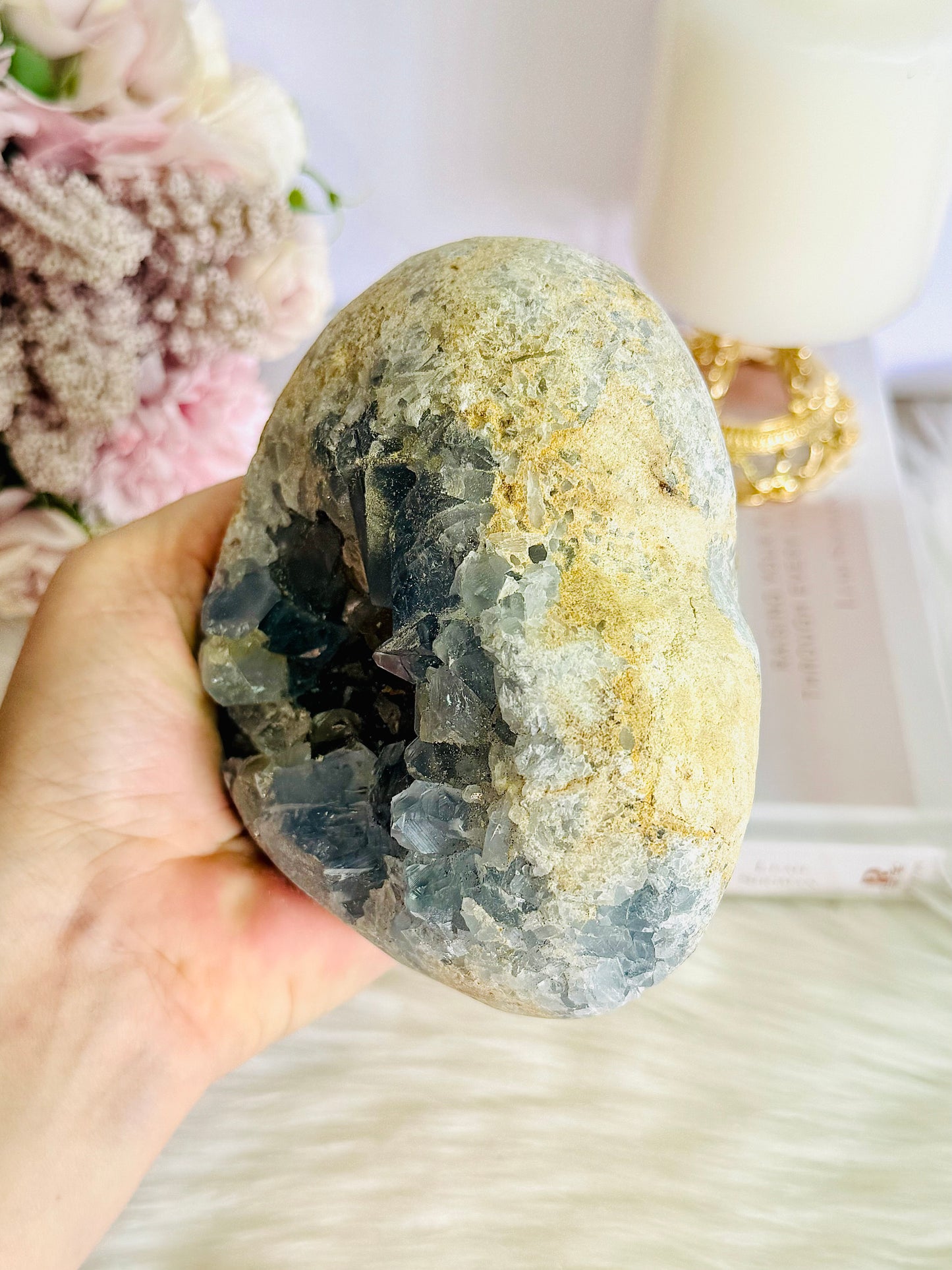 Huge 1.65KG Natural Blue Celestite Cluster Carved Heart