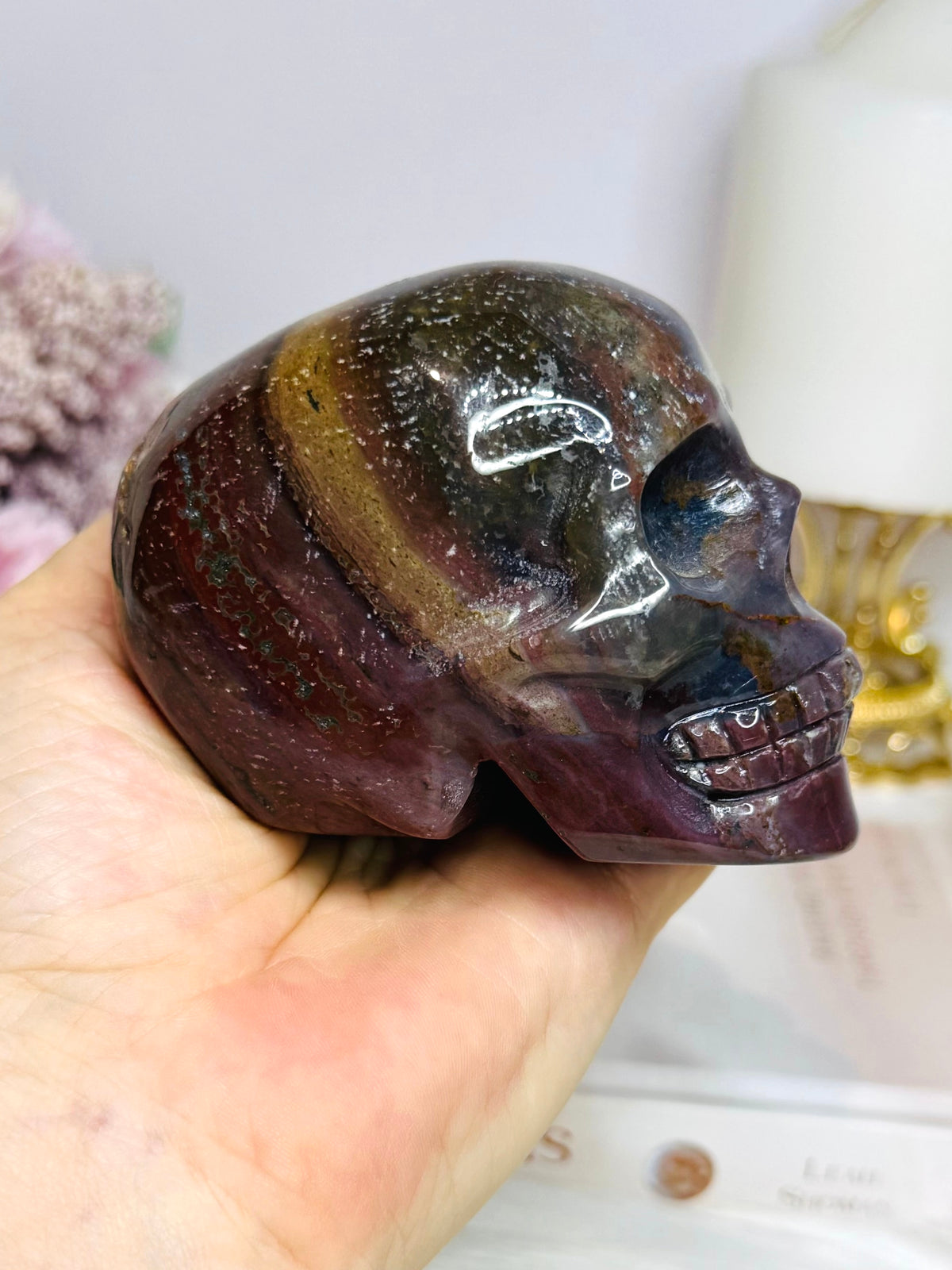 Large Ocean Jasper Carved Skull 8.5cm 428g