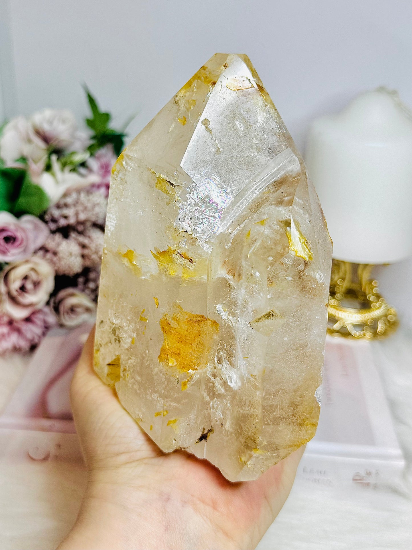 Natural Large Golden Healer Quartz Freeform with Rainbows 1.45KG 13.5cm