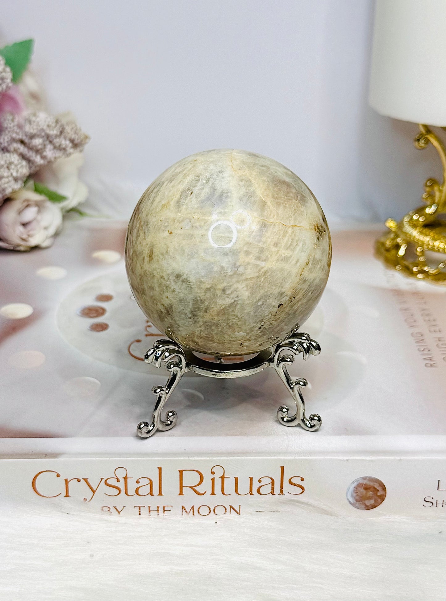 Moonstone Sphere with Blue Flash On Stand 274g