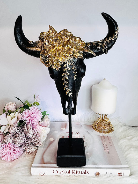 Large 33cm Black & Gold Cow Skull On Stand