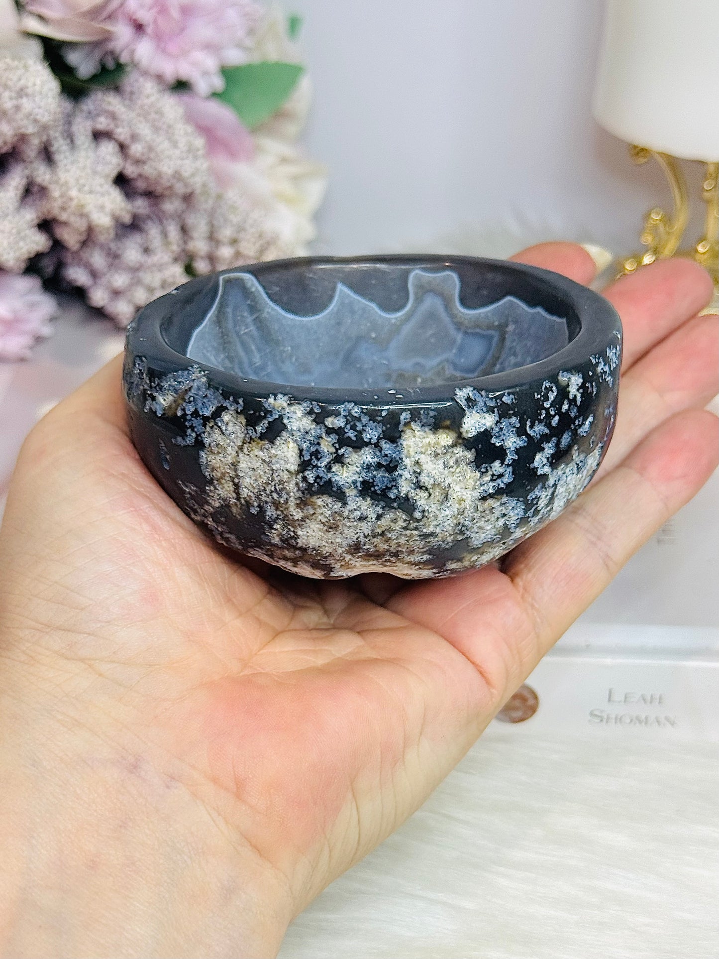 Natural Agate Carved Bowl Filled with Lepidolite Tumbles 426g