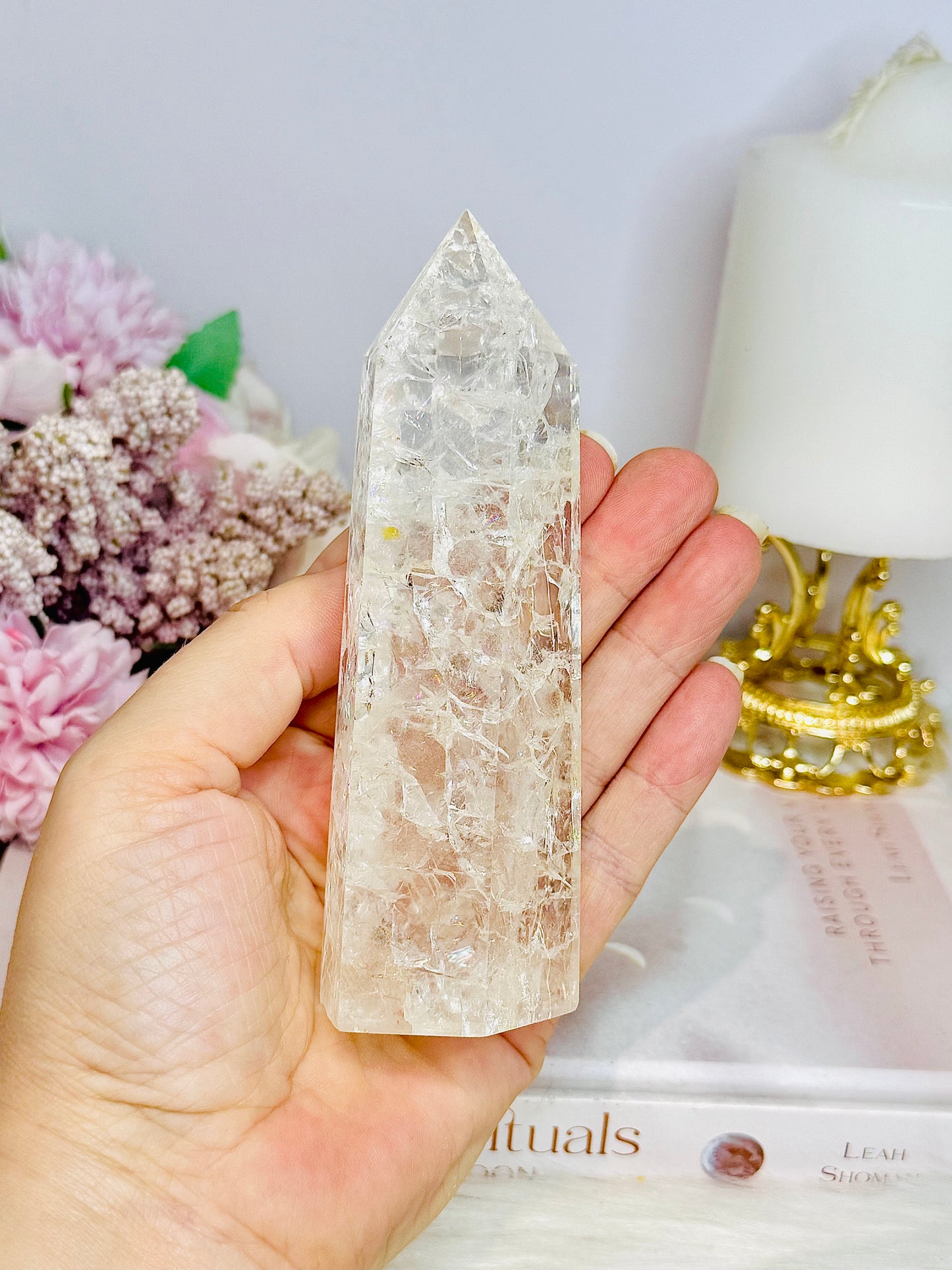 Clear Quartz Crackle Tower 12.5cm With Rainbows