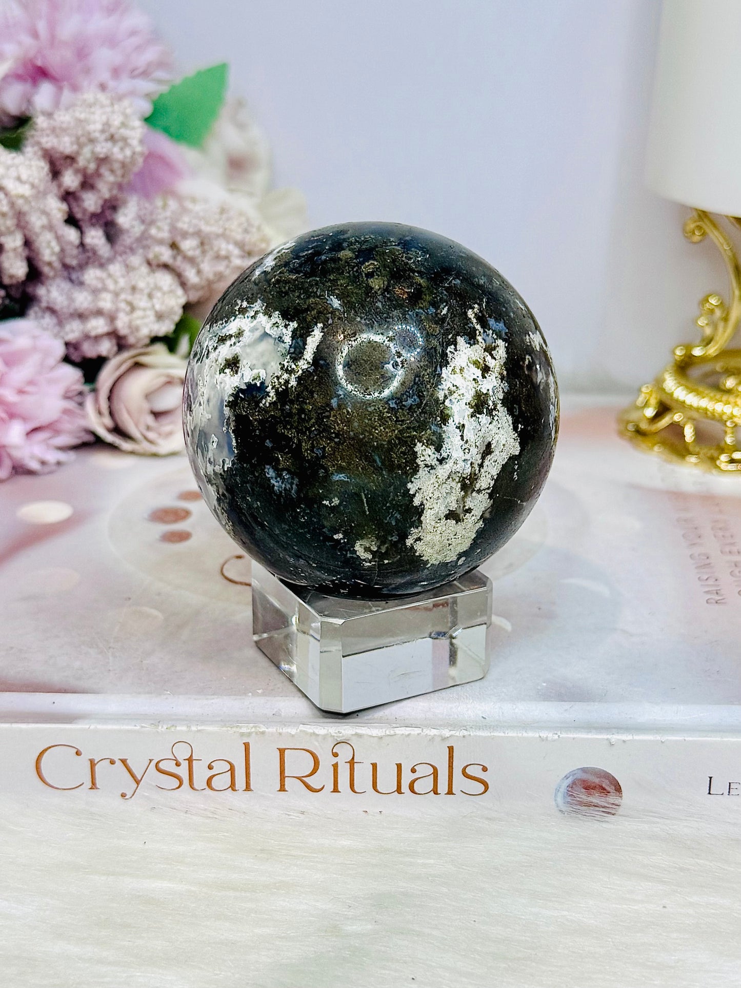 Moss Agate Sphere on Stand 368g