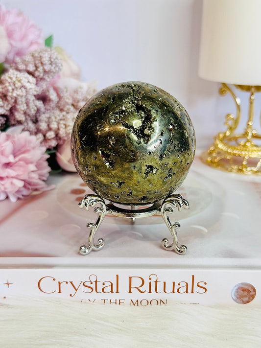 ⚜️ SALE ⚜️ Incredible Large 439gram Pyrite Druzy Sphere On Stand From Valle Giove Mine Tuscany, Italy