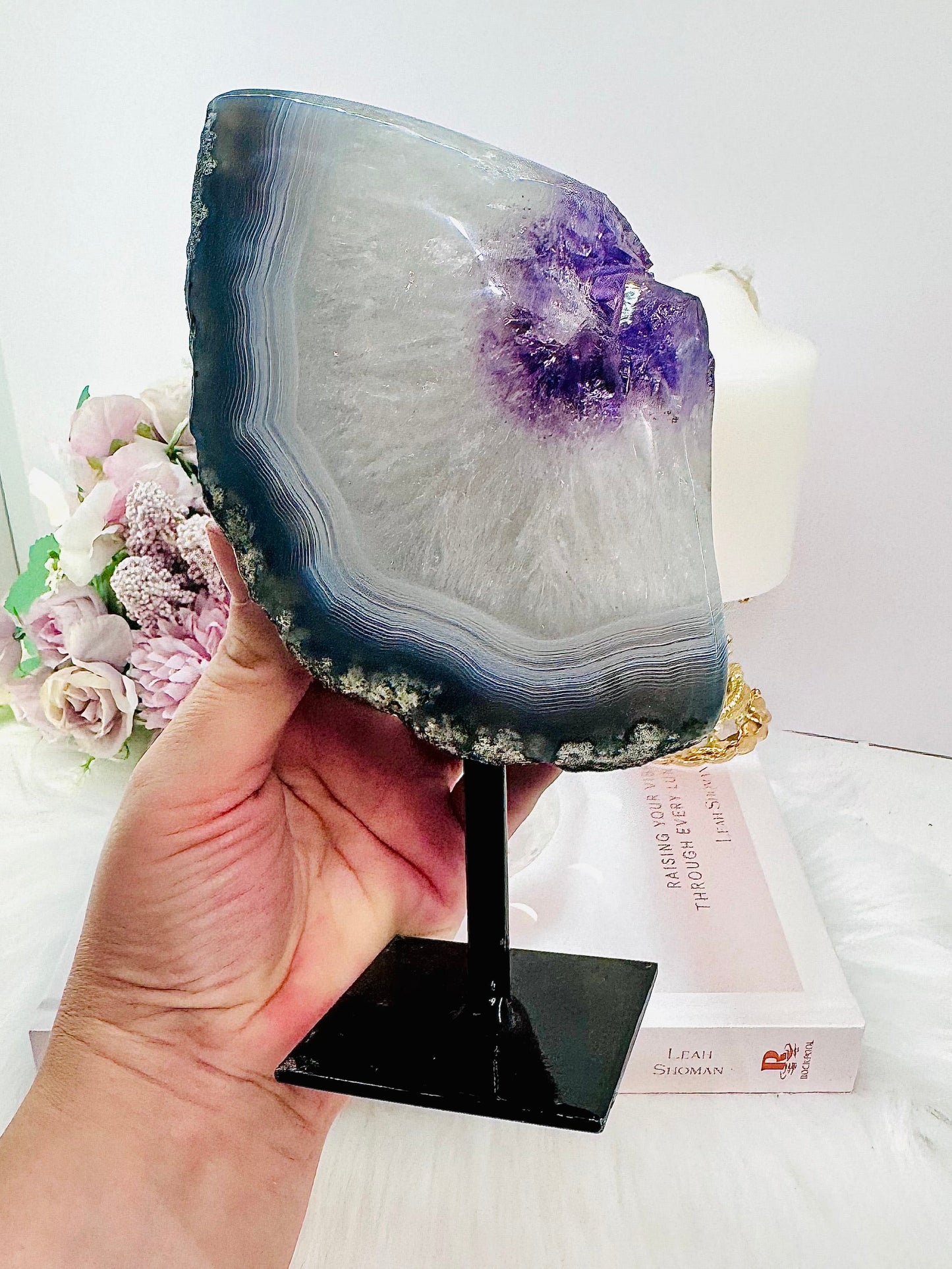 Large 977gram Amethyst Agate Polished Freeform On Stand From Uruguay
