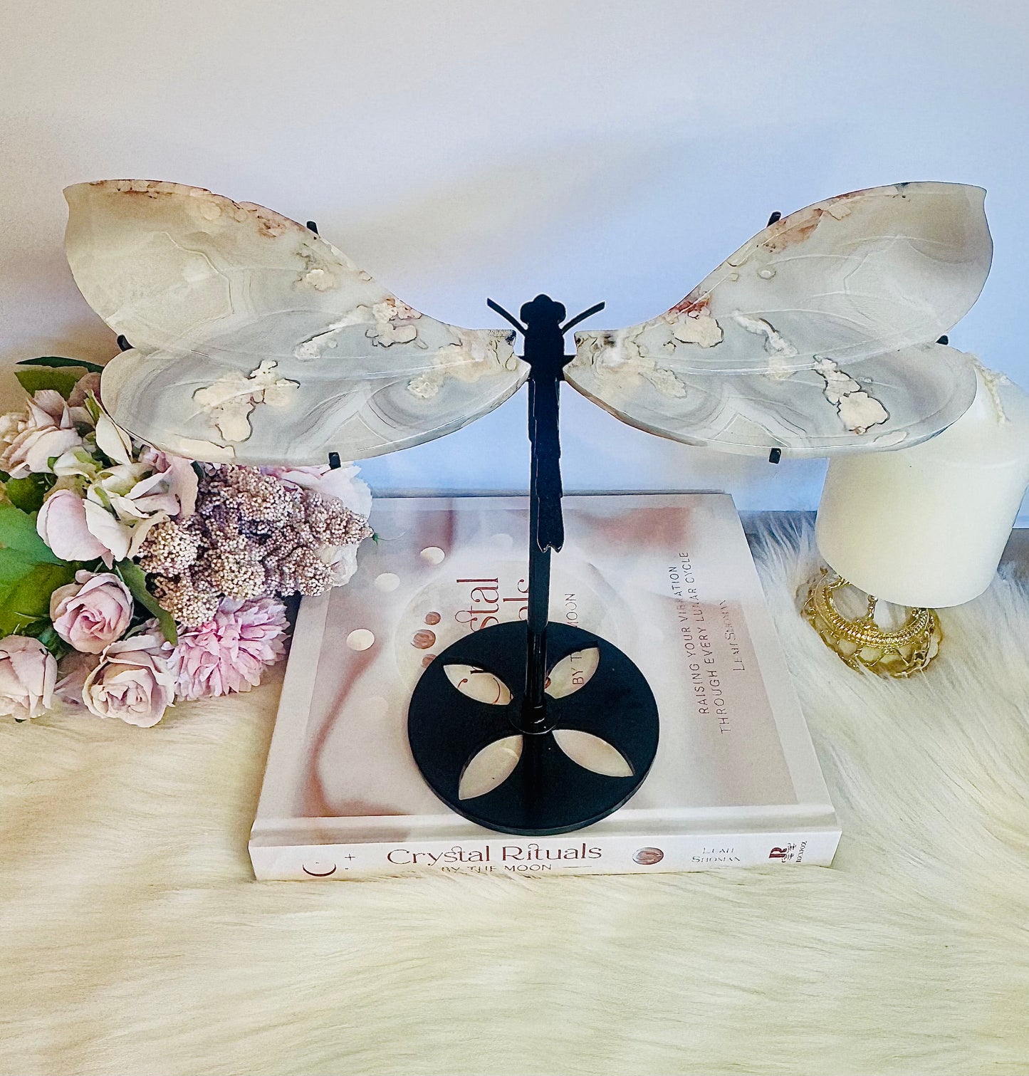 Masterpiece!!! Huge 27cm x 22cm Flower Agate Dragonfly Wings on Stand ~ Just Divine