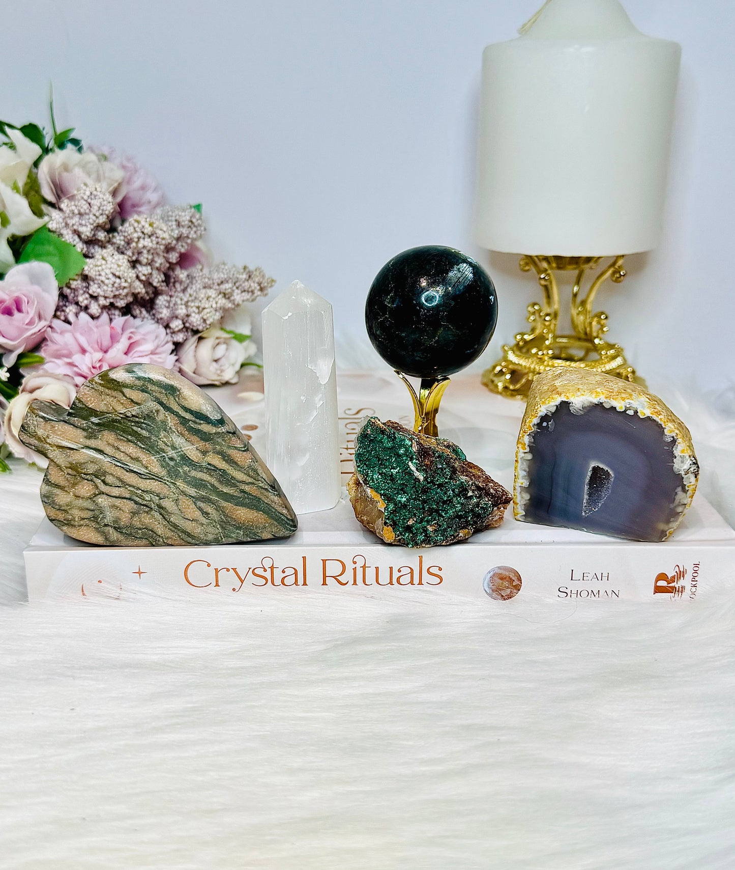 Crystal Set ~ Druzy Agate Geode, Malachite Rough, Selenite Tower, Larvikite Sphere, Jasper Leaf Carving