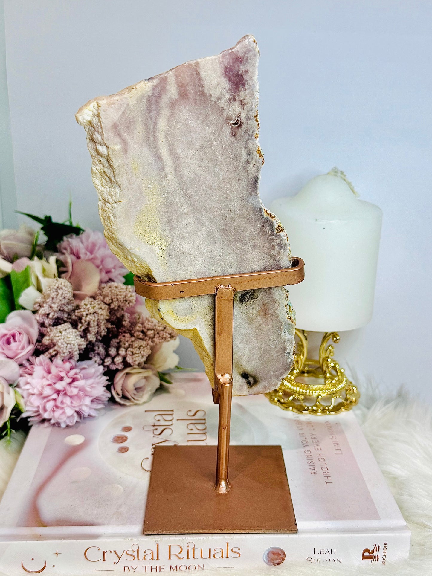 Large Pink Amethyst Natural Slab On Rose Gold Stand 23cm